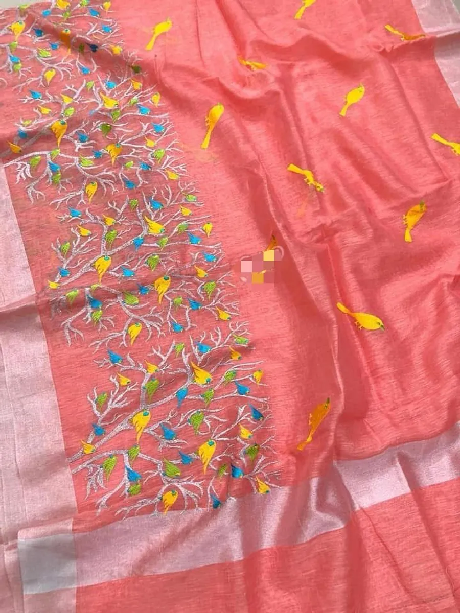 Pure Silk Linen Saree with Jari Border – New Floral & Bird Embroidery Work